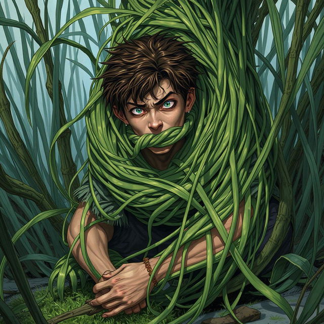 A captivating fantasy illustration featuring a scene where long, tangle grass wraps tightly around a person, constricting and immobilizing them while pulling them down into the ground