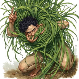 A captivating fantasy illustration featuring a scene where long, tangle grass wraps tightly around a person, constricting and immobilizing them while pulling them down into the ground