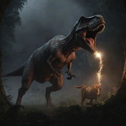 Imbue a sense of raw nature into the scene by illustrating a terrifying moment of Tyrannosaurus Rex launching an attack on an unsuspecting goat amidst the eerie darkness of the blackout-stricken Jurassic Park.