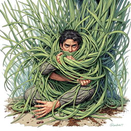 A captivating fantasy illustration featuring a scene where long, tangle grass wraps tightly around a person, constricting and immobilizing them while pulling them down into the ground