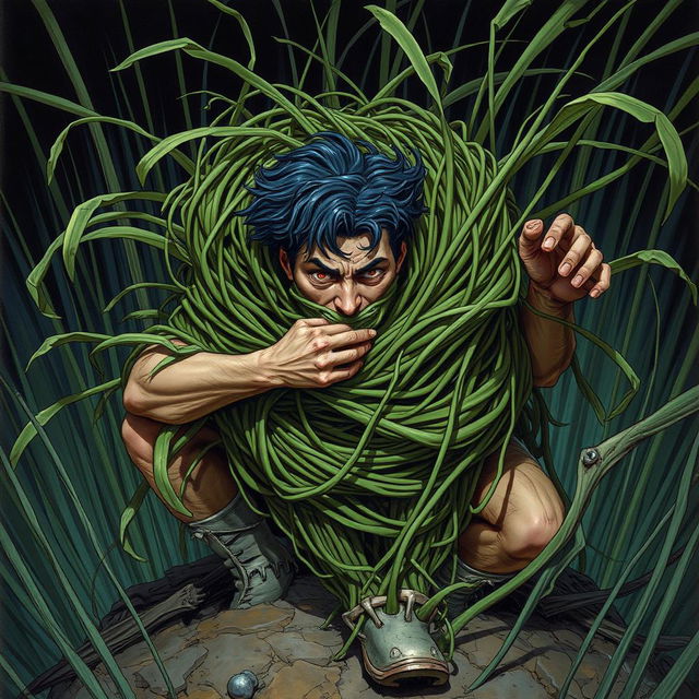 A striking fantasy illustration depicting a person ensnared by long, tangle grass wrapping tightly around their body, constricting and immobilizing them while pulling them down into the earth