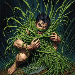 A striking fantasy illustration depicting a person ensnared by long, tangle grass wrapping tightly around their body, constricting and immobilizing them while pulling them down into the earth