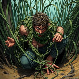 A striking fantasy illustration depicting a person ensnared by long, tangle grass wrapping tightly around their body, constricting and immobilizing them while pulling them down into the earth