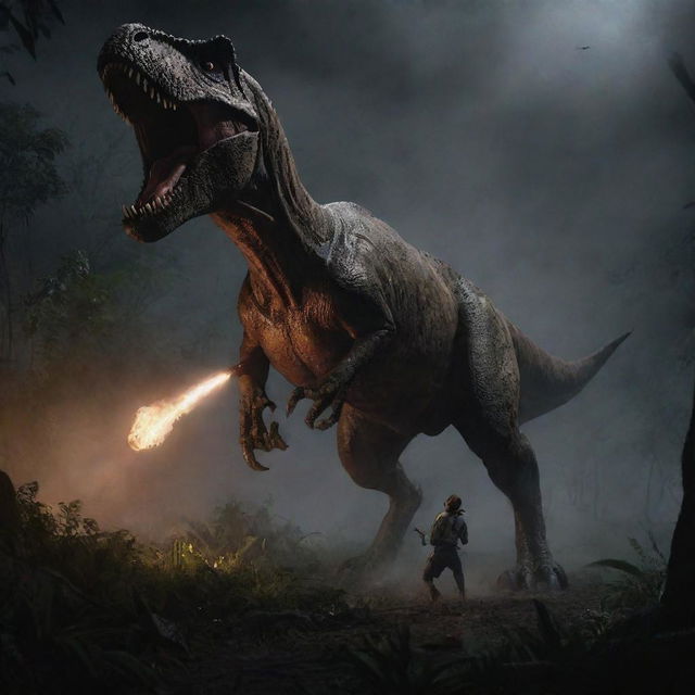 Imbue a sense of raw nature into the scene by illustrating a terrifying moment of Tyrannosaurus Rex launching an attack on an unsuspecting goat amidst the eerie darkness of the blackout-stricken Jurassic Park.