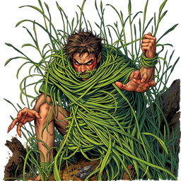 A striking fantasy illustration depicting a person ensnared by long, tangle grass wrapping tightly around their body, constricting and immobilizing them while pulling them down into the earth