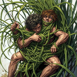 A vivid fantasy illustration depicting a person tightly ensnared by long, tangle grass that wraps around their body, constricting and immobilizing them while pulling them down into the earth