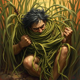 A vivid fantasy illustration depicting a person tightly ensnared by long, tangle grass that wraps around their body, constricting and immobilizing them while pulling them down into the earth