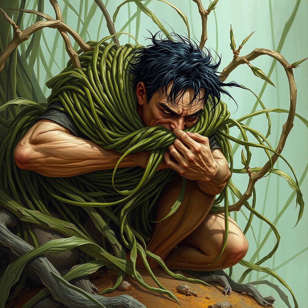 A vivid fantasy illustration depicting a person tightly ensnared by long, tangle grass that wraps around their body, constricting and immobilizing them while pulling them down into the earth