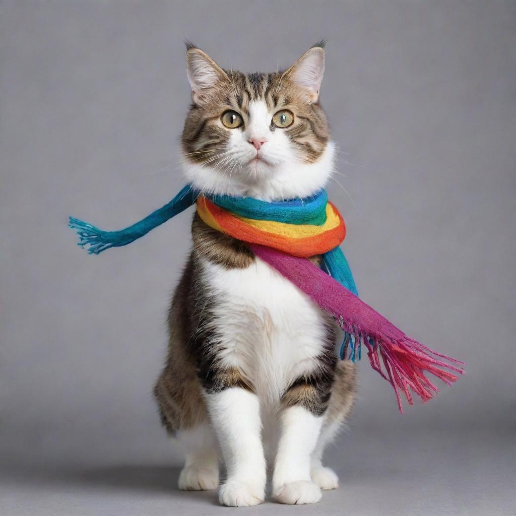 An adorable cat tap dancing merrily, its paws rhythmically hitting the floor. It's wearing a colorful scarf that flutters with each movement, adding a fun twist to its performance.