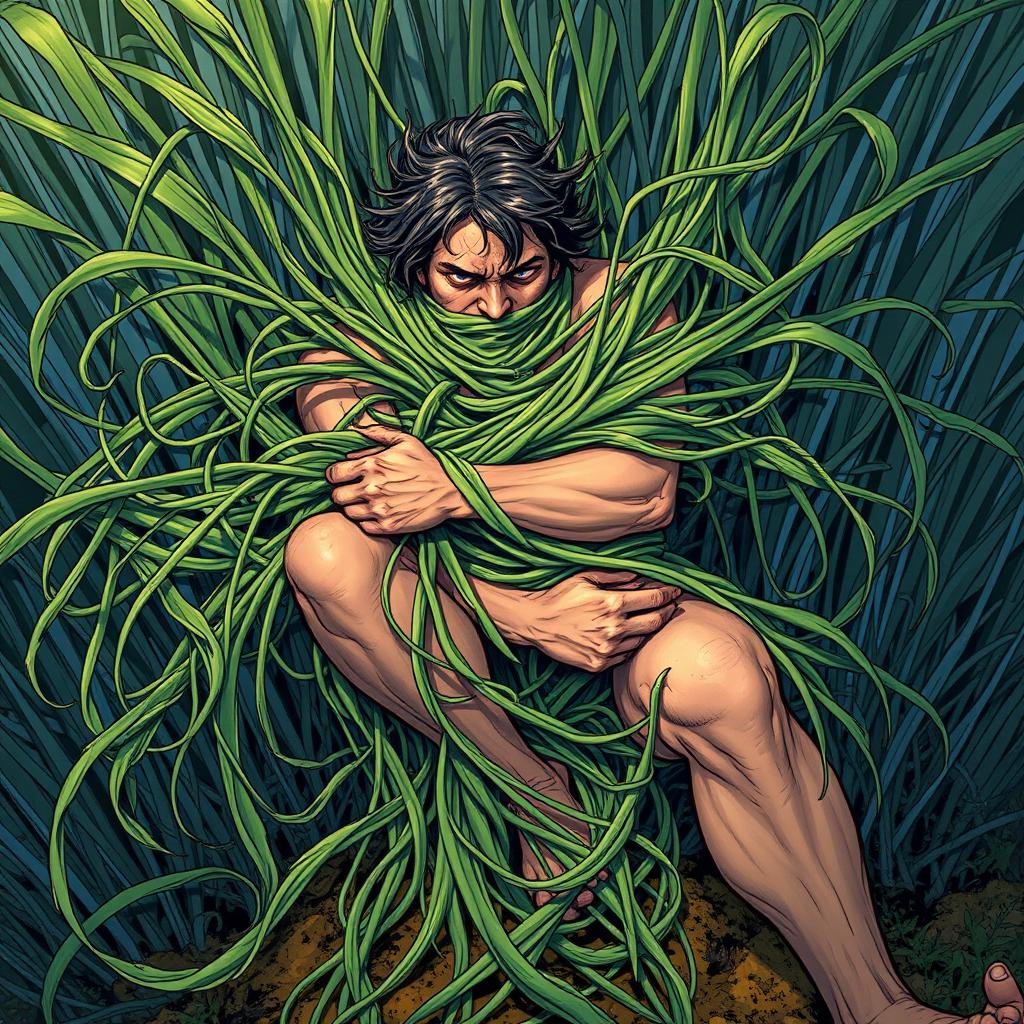 A vivid fantasy illustration depicting a person tightly ensnared by long, tangle grass that wraps around their body, constricting and immobilizing them while pulling them down into the earth