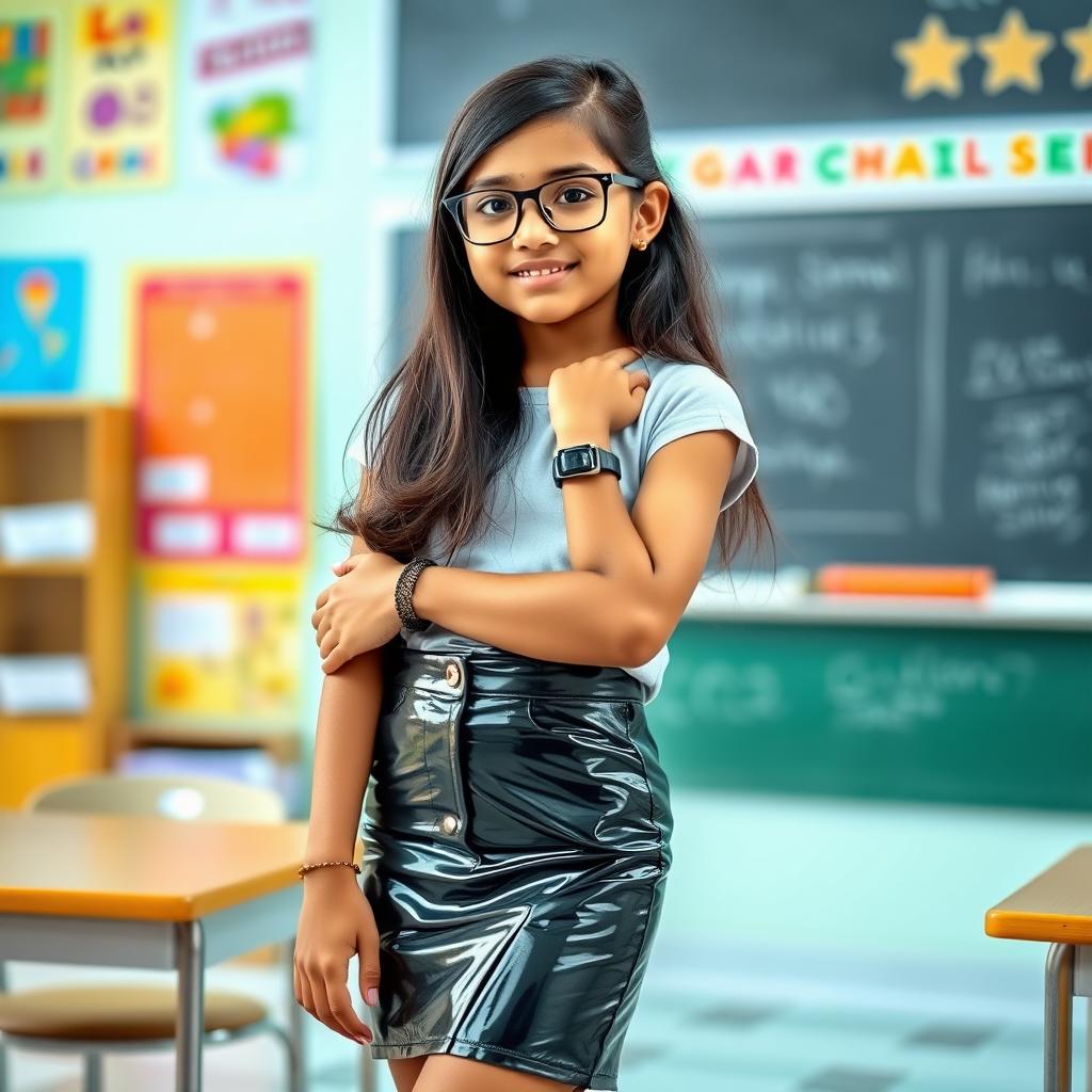 A young Indian school girl wearing glasses, styled in a fashionable and modern way