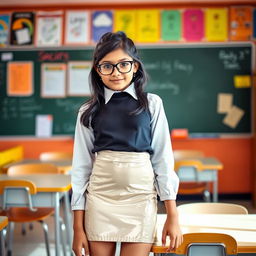 A young Indian school girl wearing glasses, styled in a fashionable and modern way