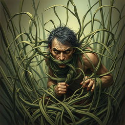 A dramatic fantasy illustration showcasing a person tightly ensnared by long, tangle grass that constricts and pulls them down into the earth