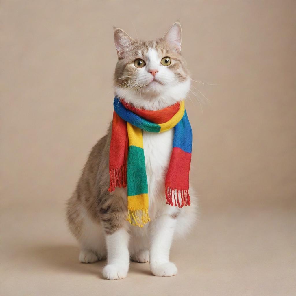 An adorable cat tap dancing merrily, its paws rhythmically hitting the floor. It's wearing a colorful scarf that flutters with each movement, adding a fun twist to its performance.