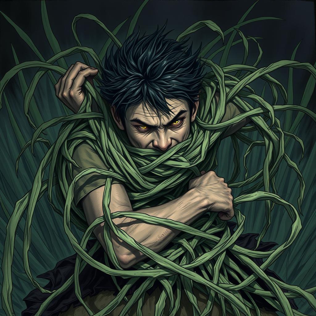 A dramatic fantasy illustration showcasing a person tightly ensnared by long, tangle grass that constricts and pulls them down into the earth