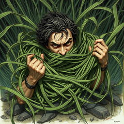 A dramatic fantasy illustration showcasing a person tightly ensnared by long, tangle grass that constricts and pulls them down into the earth