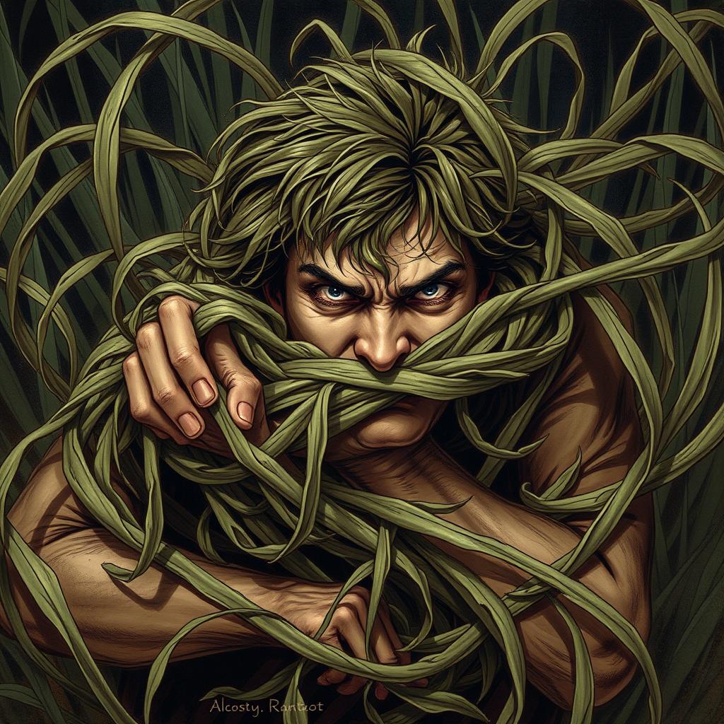 A dramatic fantasy illustration showcasing a person tightly ensnared by long, tangle grass that constricts and pulls them down into the earth