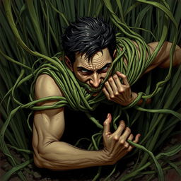 A compelling fantasy illustration featuring a person ensnared by long, tangle grass that wraps tightly around them, constricting and pulling them down into the ground