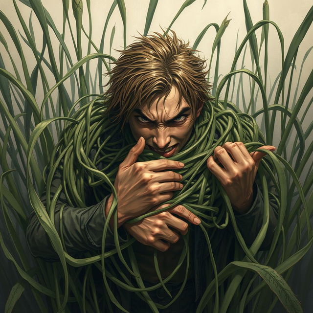 A compelling fantasy illustration featuring a person ensnared by long, tangle grass that wraps tightly around them, constricting and pulling them down into the ground