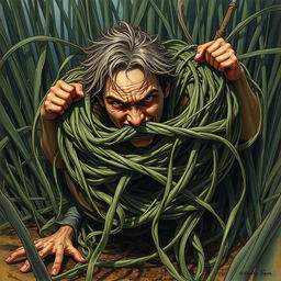 A compelling fantasy illustration featuring a person ensnared by long, tangle grass that wraps tightly around them, constricting and pulling them down into the ground