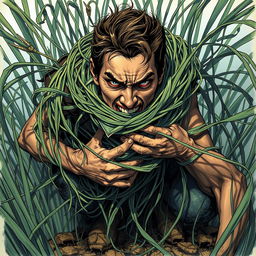 A compelling fantasy illustration featuring a person ensnared by long, tangle grass that wraps tightly around them, constricting and pulling them down into the ground