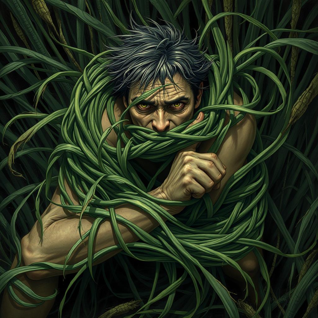 An intense fantasy illustration featuring a person tightly bound by long, tangle grass that wraps around their body, constricting and pulling them down into the ground