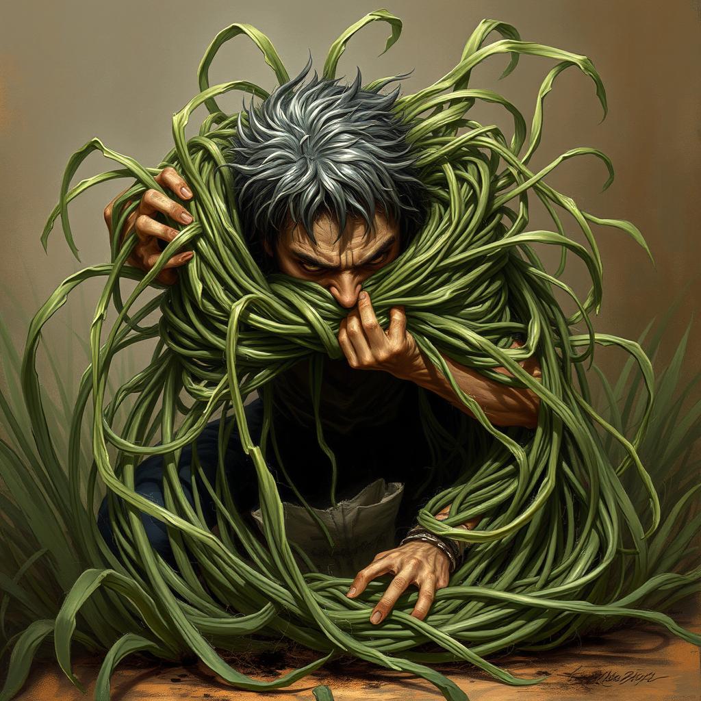 An intense fantasy illustration featuring a person tightly bound by long, tangle grass that wraps around their body, constricting and pulling them down into the ground