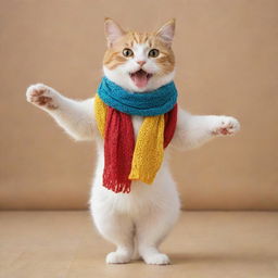 An adorable cat tap dancing merrily, its paws rhythmically hitting the floor. It's wearing a colorful scarf that flutters with each movement, adding a fun twist to its performance.