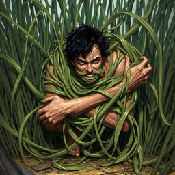 An intense fantasy illustration featuring a person tightly bound by long, tangle grass that wraps around their body, constricting and pulling them down into the ground