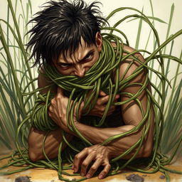 An intense fantasy illustration featuring a person tightly bound by long, tangle grass that wraps around their body, constricting and pulling them down into the ground