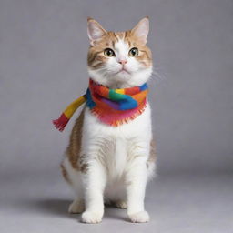 An adorable cat tap dancing merrily, its paws rhythmically hitting the floor. It's wearing a colorful scarf that flutters with each movement, adding a fun twist to its performance.