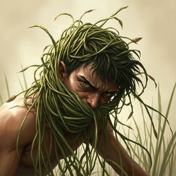 A captivating fantasy illustration depicting a person with their head ensnared by long, tangle grass that wraps tightly around, constricting and pulling them down