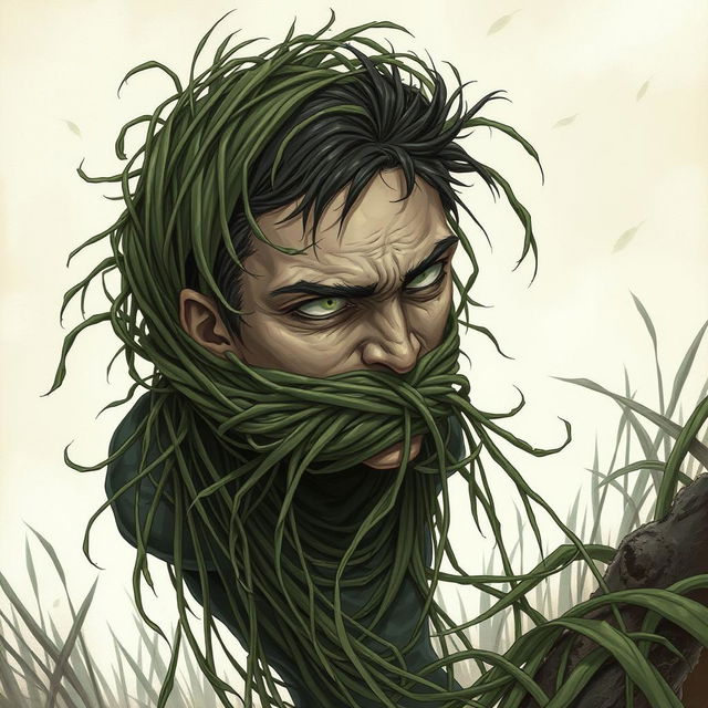 A captivating fantasy illustration depicting a person with their head ensnared by long, tangle grass that wraps tightly around, constricting and pulling them down