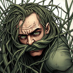 A captivating fantasy illustration depicting a person with their head ensnared by long, tangle grass that wraps tightly around, constricting and pulling them down