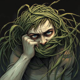 A captivating fantasy illustration depicting a person with their head ensnared by long, tangle grass that wraps tightly around, constricting and pulling them down