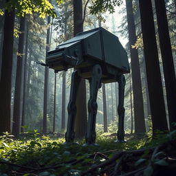 A highly detailed and realistic depiction of an AT-ST walker from the Star Wars universe, standing in a dense forest during the day