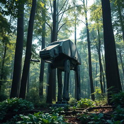 A highly detailed and realistic depiction of an AT-ST walker from the Star Wars universe, standing in a dense forest during the day