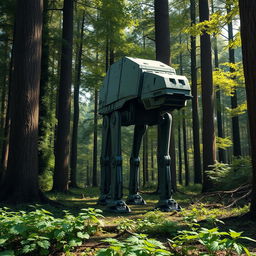 A highly detailed and realistic depiction of an AT-ST walker from the Star Wars universe, standing in a dense forest during the day