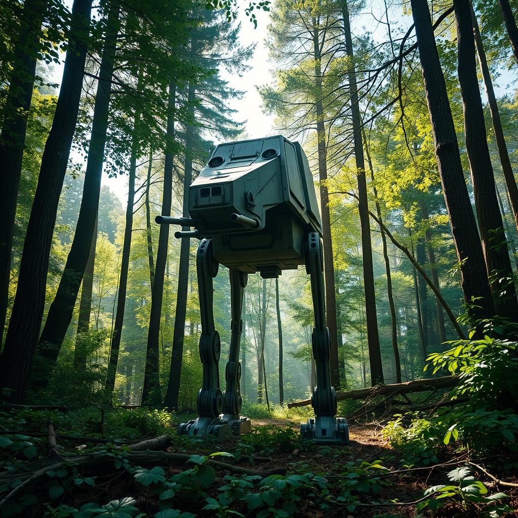 A highly detailed and realistic depiction of an AT-ST walker from the Star Wars universe, standing in a dense forest during the day