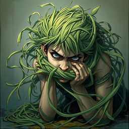 An engaging fantasy illustration featuring a person with their head ensnared by long, tangle grass that wraps tightly, constricting and pulling them towards the ground