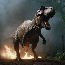 Amplify the intensity of the image by displaying the powerful Tyrannosaurus Rex breaking through the now powerless electric fence, shattering the illusion of safety within the engulfed-in-darkness Jurassic Park.