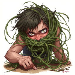 An engaging fantasy illustration featuring a person with their head ensnared by long, tangle grass that wraps tightly, constricting and pulling them towards the ground