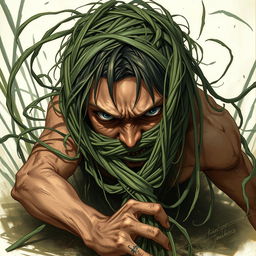 An engaging fantasy illustration featuring a person with their head ensnared by long, tangle grass that wraps tightly, constricting and pulling them towards the ground