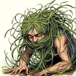 An engaging fantasy illustration featuring a person with their head ensnared by long, tangle grass that wraps tightly, constricting and pulling them towards the ground