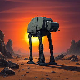 A highly detailed and realistic depiction of an AT-ST walker from the Star Wars universe, standing in an arid wasteland during dusk