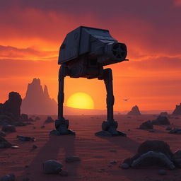 A highly detailed and realistic depiction of an AT-ST walker from the Star Wars universe, standing in an arid wasteland during dusk