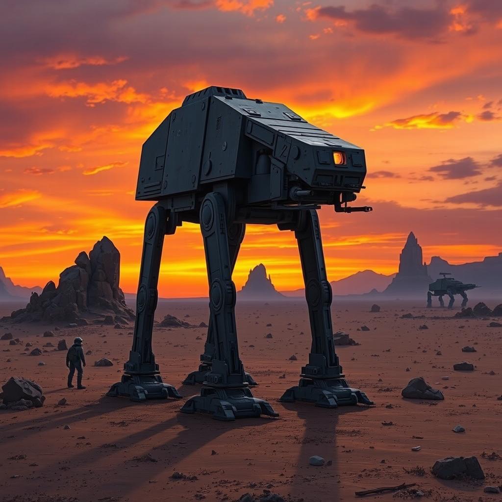 A highly detailed and realistic depiction of an AT-ST walker from the Star Wars universe, standing in an arid wasteland during dusk