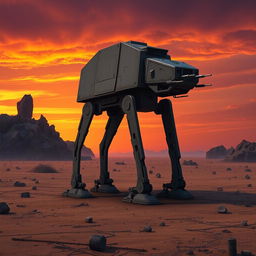 A highly detailed and realistic depiction of an AT-ST walker from the Star Wars universe, standing in an arid wasteland during dusk