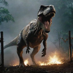 Amplify the intensity of the image by displaying the powerful Tyrannosaurus Rex breaking through the now powerless electric fence, shattering the illusion of safety within the engulfed-in-darkness Jurassic Park.