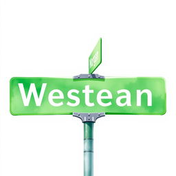 A watercolor illustration of a green street intersection sign, showcasing a full view of the sign against a blank white background